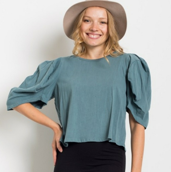 Tops - Balloon Sleeve Mineral Wash Cropped Top.